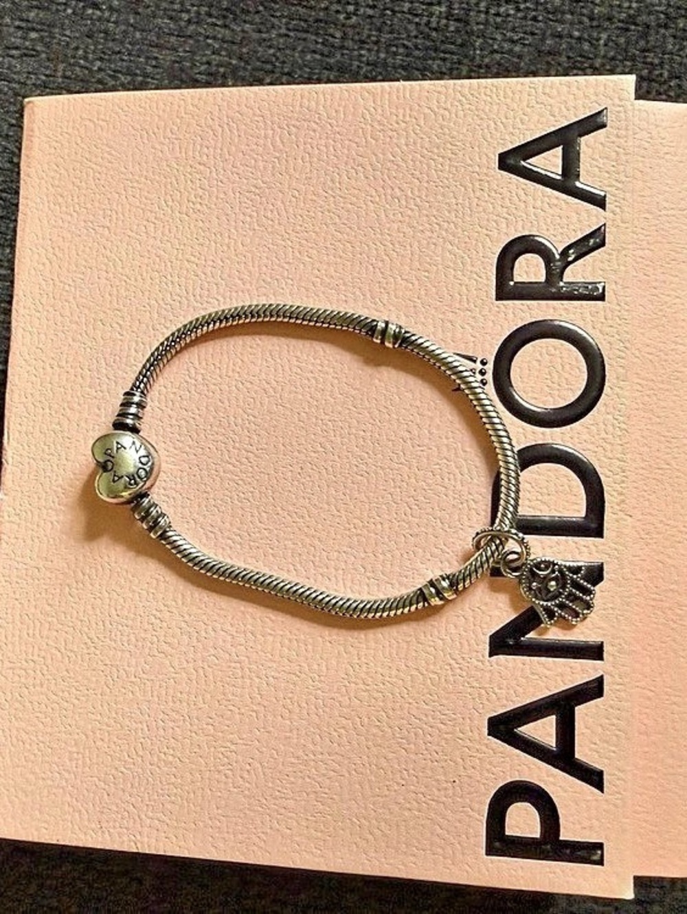 Pandora Moments Heart Clasp Snake Chain Bracelet Silver with charm